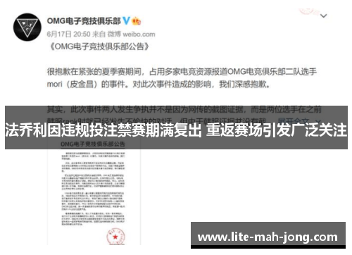 法乔利因违规投注禁赛期满复出 重返赛场引发广泛关注 法乔利因违规投注禁赛期满复出 重返赛场引发广泛关注